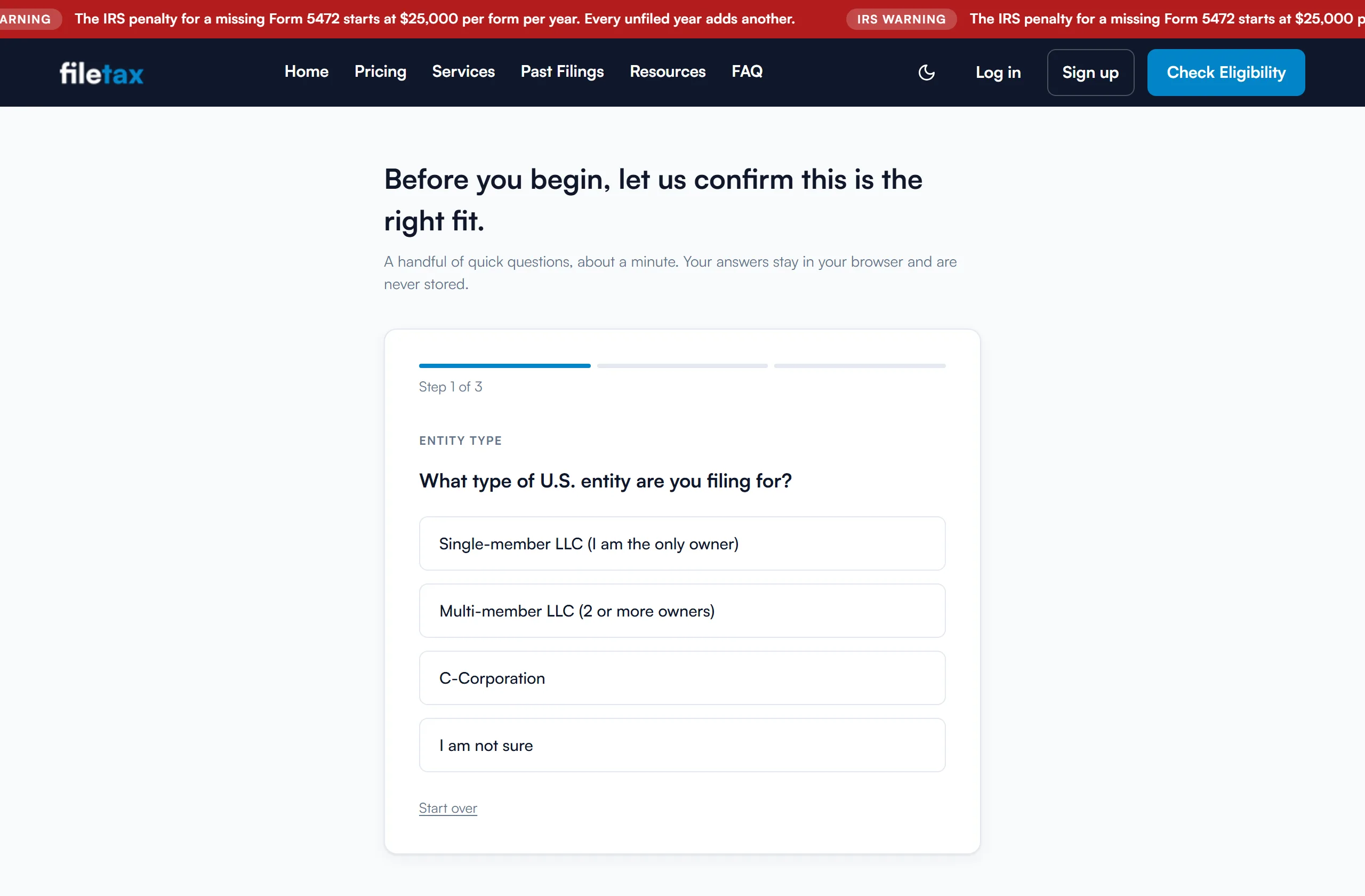 The eligibility check, showing the entity type question and a three-step progress bar