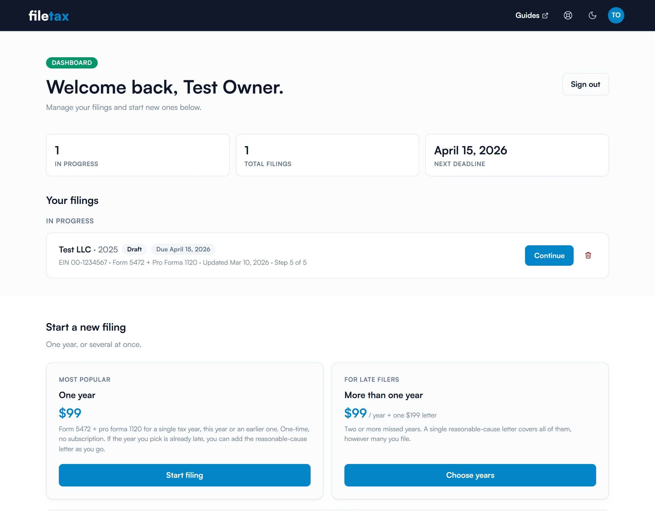 The dashboard showing filing counts, the next deadline, and a filing with its status